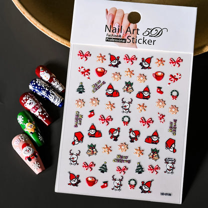 Cute Deer Christmas Nail Stickers 5D Embossed Elk Star Gingerbread Man Snowflake Santa Claus Holly DIY Winter Engraved Manicure*
