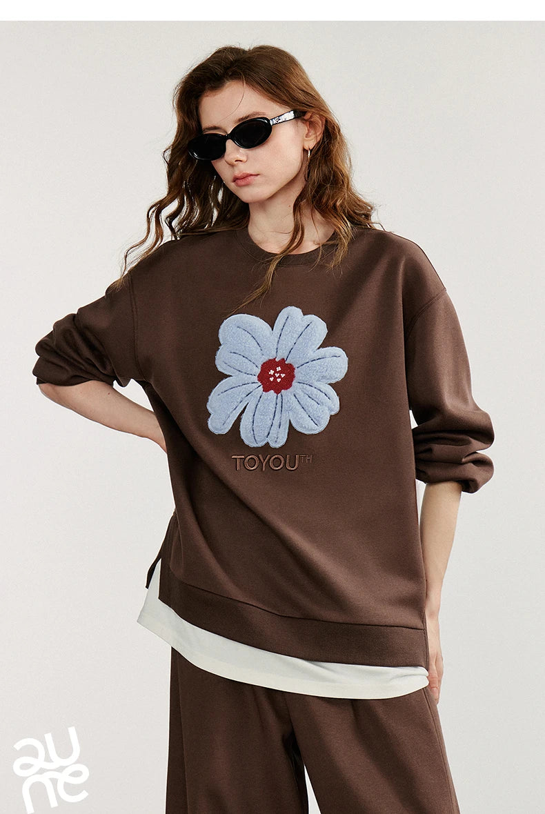 TOYOUTH Women Hoodies Sweatshirt 2025 Autumn New Plush Flower Printed Contrasting Color Splicing Fake Two Piece Cotton Pullover