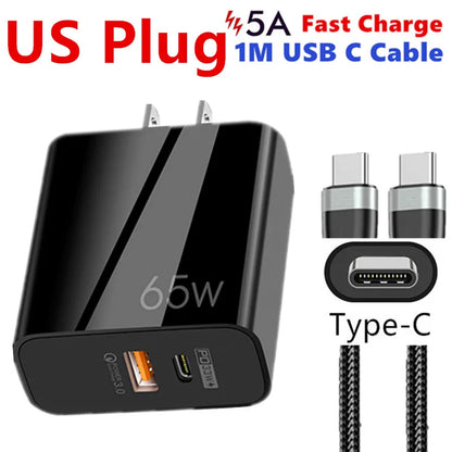 Supercharge USB Type C Cable QC3.0 65W PD fast Charger for Samsung iPhone Xiaomi Huawei Universal Quick Charger