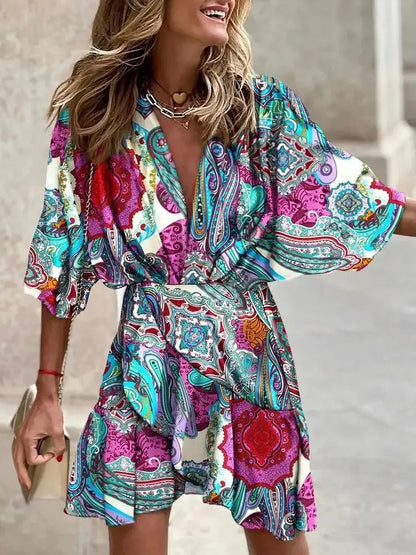 Boho Floral V-Neck Mini Dress – Batwing Sleeve Beach Style