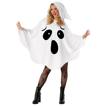 White Halloween Cloak Cape Fright Clothes Trick-or-Treat Spooky Pumpkin Cloak Smock Style with Hat Ghost Cosplay Costume Men