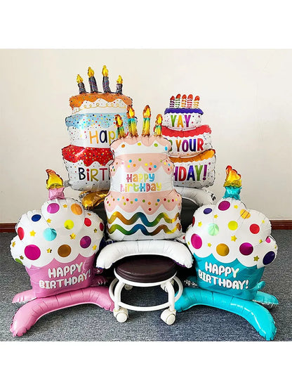 Birthday Cake Balloon with Base Standing Foil Balloon Cute Cake Balloon Kids Boy Girl Birthday Party Decor Supplies Baby Shower