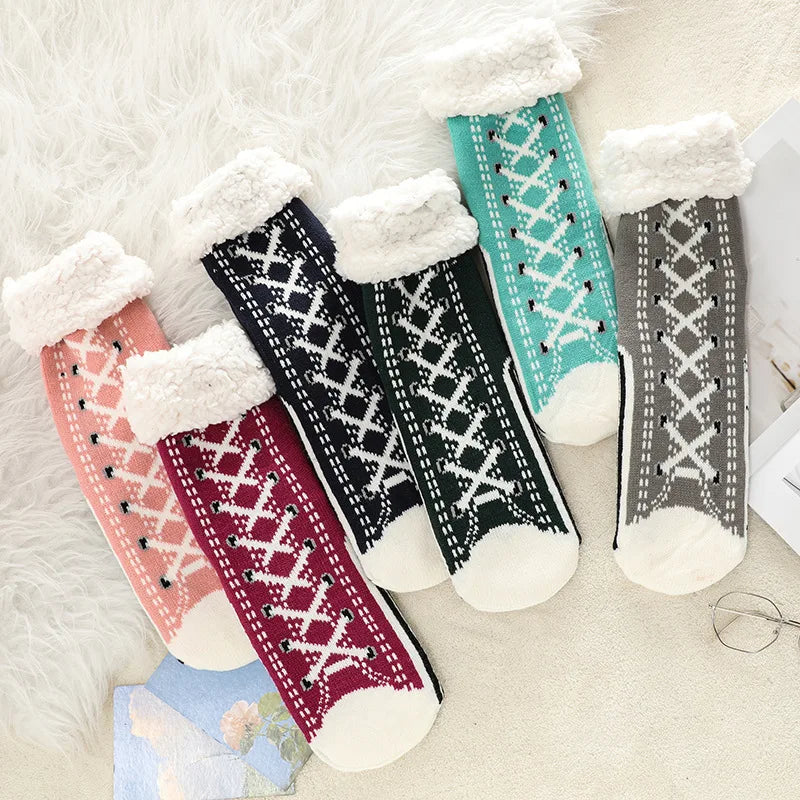 Fuzzy Fluffy Sock Women Winter Christmas Gift Warm Plush Non slip Home Sleeping Soft Female Floor Thermal Slipper Sock Snowflake