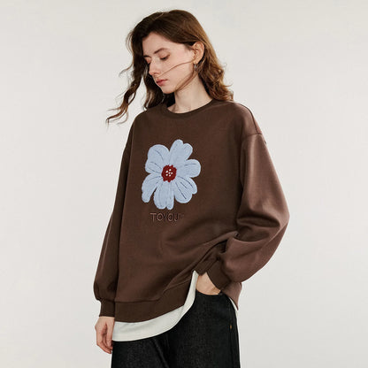 TOYOUTH Women Hoodies Sweatshirt 2025 Autumn New Plush Flower Printed Contrasting Color Splicing Fake Two Piece Cotton Pullover