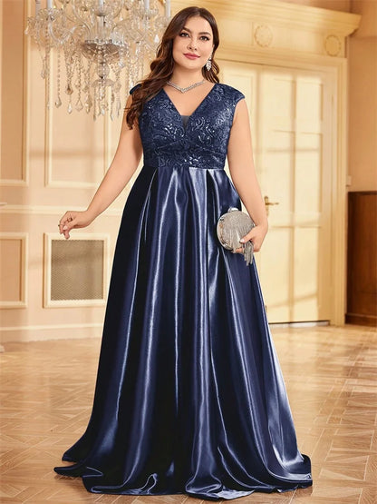 Plus Size Luxury Satin Sleeveless Evening Dress Elegant Long Sequin Splice A-line Formal Wedding Party Cocktail Gowns