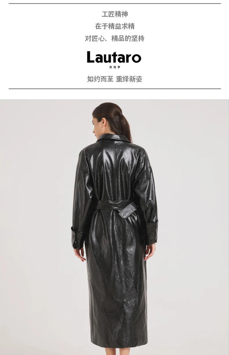 Lautaro Spring Autumn Extra Long Burgundy Pu Leather Trench Coat for Women with Belt Elegant Luxury Designer Maxi Overcoat 2024