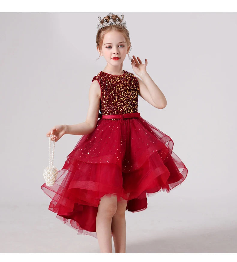 2023 Hot style Summer Sequin Lace Tuxedo Wedding Dress for girls 3-13 years old Sleeveless fluffy Mesh gauze Doveark brand