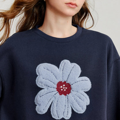 TOYOUTH Women Hoodies Sweatshirt 2025 Autumn New Plush Flower Printed Contrasting Color Splicing Fake Two Piece Cotton Pullover