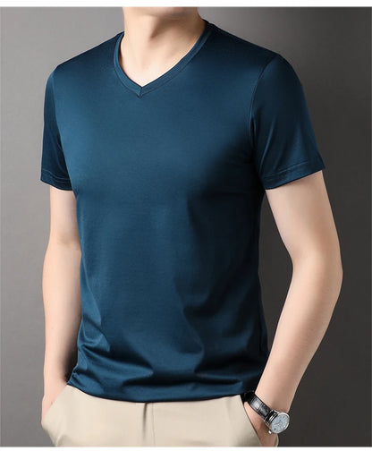 Top Grade 1.7% Mulberry Silk New Summer Brand Tops V Neck t Shirts For Men 2025 Short Sleeve Casual Fashion Mens Clothing