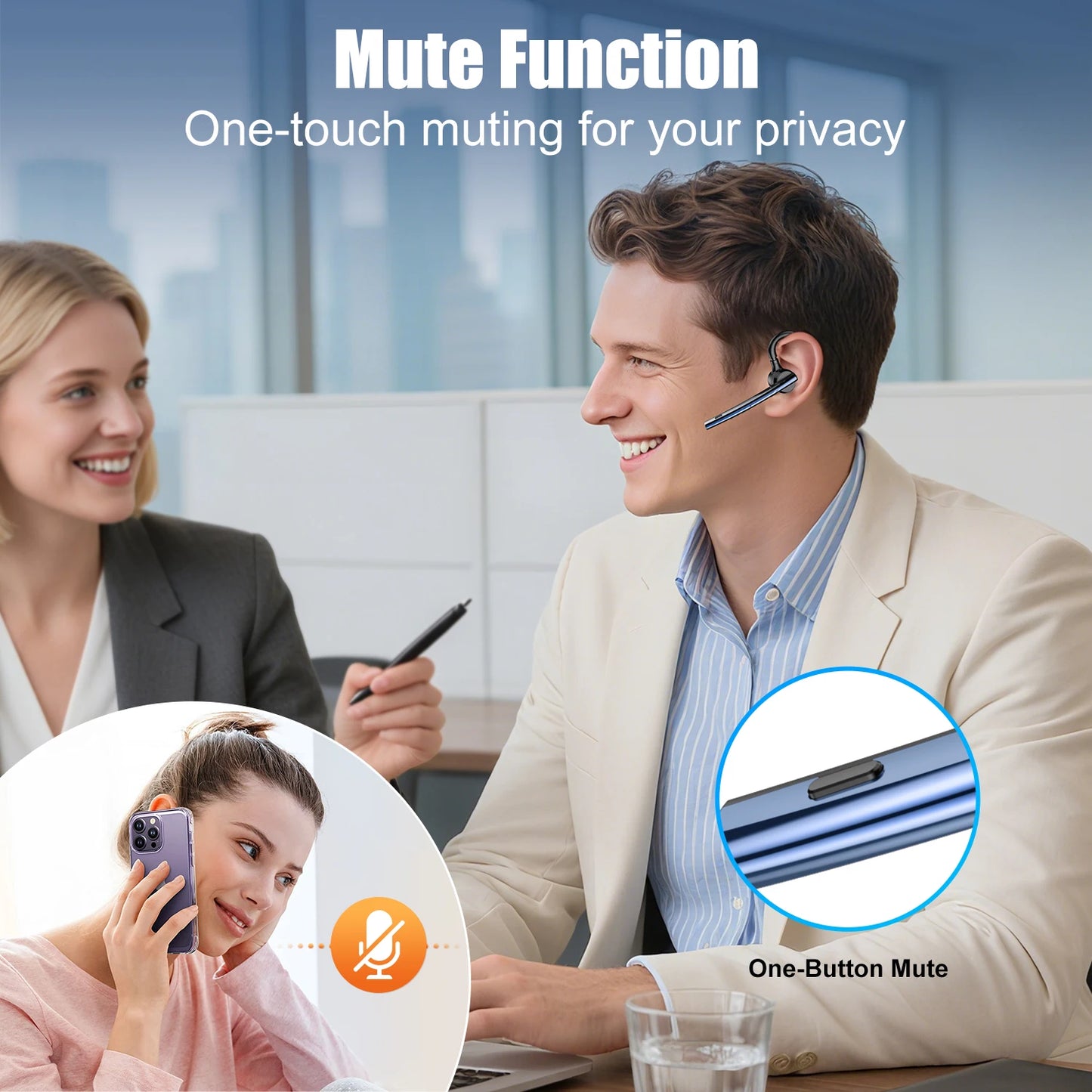 New Bee M54 Bluetooth Headset Wireless Headphone Noise Cancelling Earpiece Dual-Mic Mute Handsfree Earphones for Driver Office