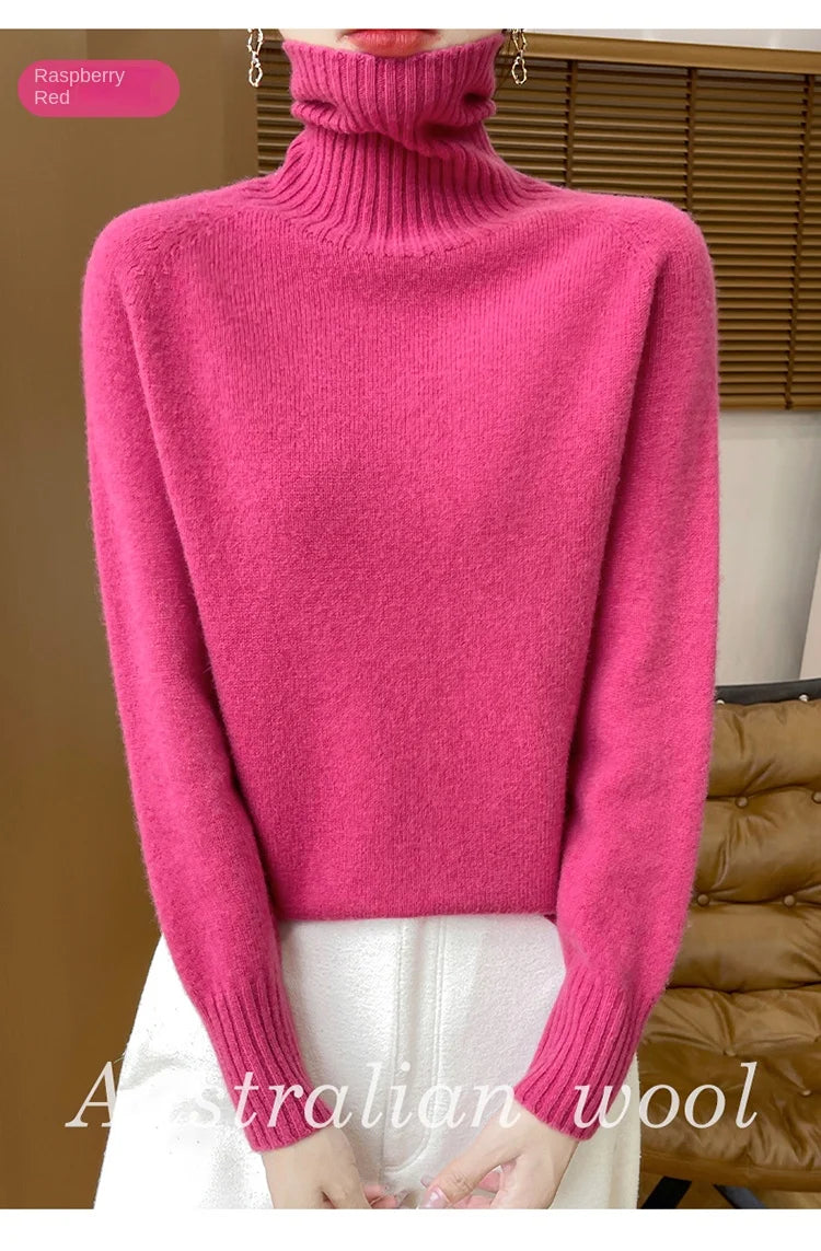 Women's Clothing New Fashion Autumn And Winter Merino Wool Pullover Solid Color Long Sleeve Basic Thermal Top 100% Wool Sweater