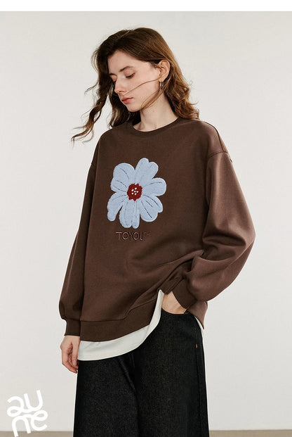 TOYOUTH Women Hoodies Sweatshirt 2025 Autumn New Plush Flower Printed Contrasting Color Splicing Fake Two Piece Cotton Pullover
