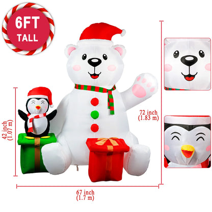 6FT Christmas Inflatables Outdoor Decorations Polar Bear Inflatable with Penguin Blow up with LED Light for Xmas Outdoor Decor
