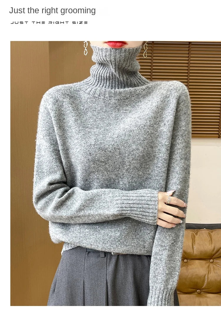 Women's Clothing New Fashion Autumn And Winter Merino Wool Pullover Solid Color Long Sleeve Basic Thermal Top 100% Wool Sweater