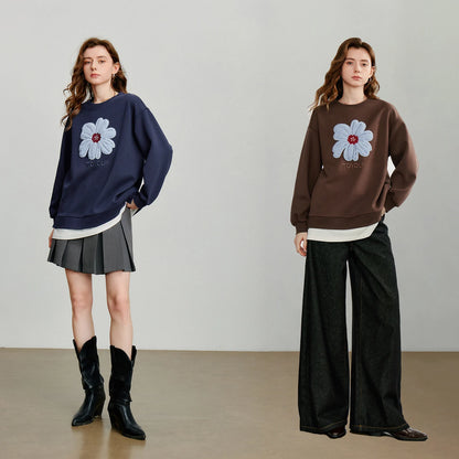 TOYOUTH Women Hoodies Sweatshirt 2025 Autumn New Plush Flower Printed Contrasting Color Splicing Fake Two Piece Cotton Pullover