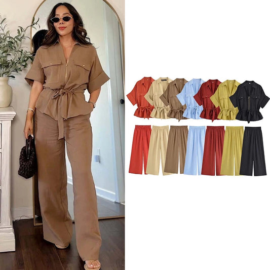 Women’s Summer 2-Piece Set – Loose Shirt & High-Waist Pants