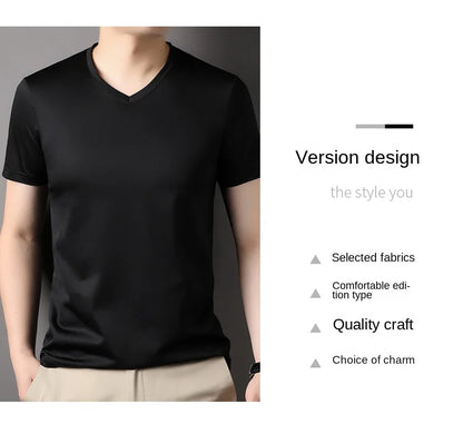 Top Grade 1.7% Mulberry Silk New Summer Brand Tops V Neck t Shirts For Men 2025 Short Sleeve Casual Fashion Mens Clothing