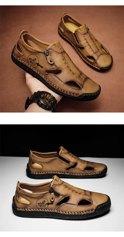 Men’s Leather Roman Sandals – Breathable Handmade Casual Summer Shoes for Outdoor & Beach