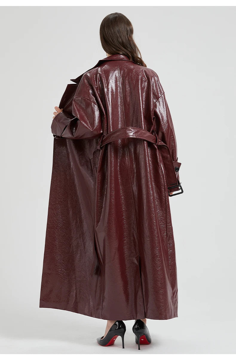 Lautaro Spring Autumn Extra Long Burgundy Pu Leather Trench Coat for Women with Belt Elegant Luxury Designer Maxi Overcoat 2024