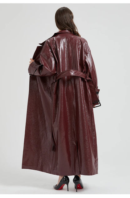 Lautaro Spring Autumn Extra Long Burgundy Pu Leather Trench Coat for Women with Belt Elegant Luxury Designer Maxi Overcoat 2024
