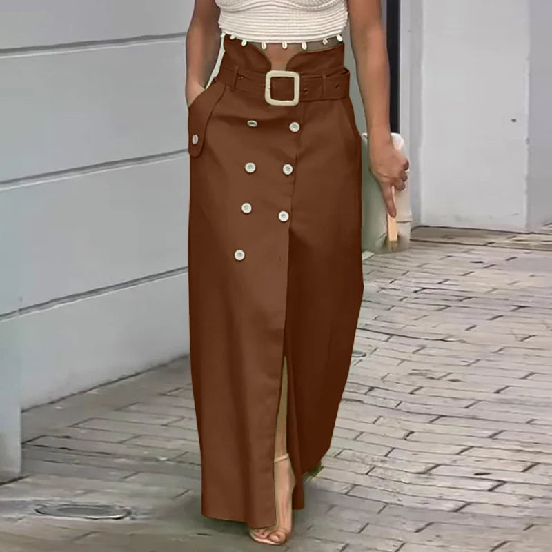 VONDA Women Elegant Skirts 2025 Casual Waistband Button Design Slit Long Overskirts Solid Color Office Lady Bottoms Oversized