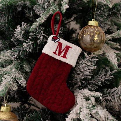 Green A-Z Letter Hanging Christmas Stockings Monogram Knitted Socks Fireplace Christmas Tree Hanging Party Decoration