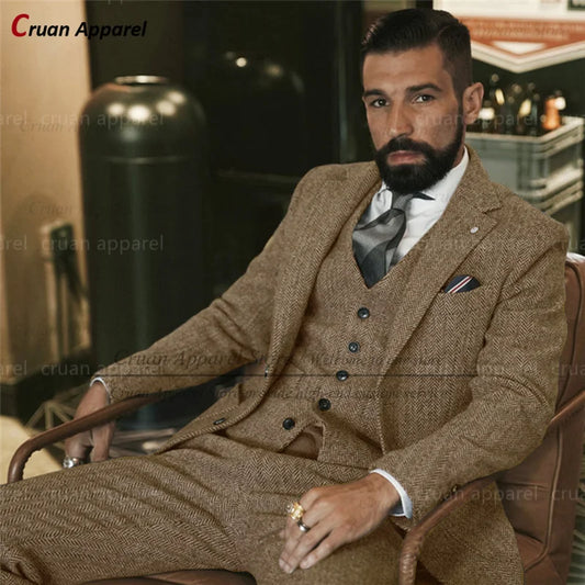 Brown Tweed Suits for Men Slim fit Classic Herringbone Businees Wedding Vintage Tuxedo Tailor-made Blazer Vest Pants 3 Piece Set