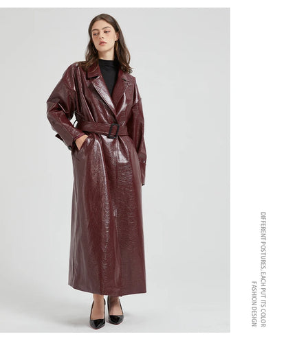 Lautaro Spring Autumn Extra Long Burgundy Pu Leather Trench Coat for Women with Belt Elegant Luxury Designer Maxi Overcoat 2024
