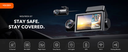 WOLFBOX I07 Dash  Cam 3 Channel Dash Camera for Car Front and Rear 4K Dash Camera with GPS WiFi Car Dvr for 170 FOV WDR