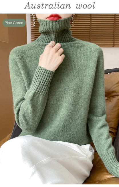 Women's Clothing New Fashion Autumn And Winter Merino Wool Pullover Solid Color Long Sleeve Basic Thermal Top 100% Wool Sweater