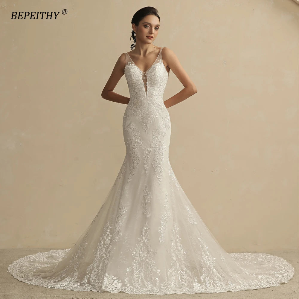 BEPEITHY Customized Glitter Wedding Dresses For Women 2025 Bride Romantic Lace Sleeveless Boho Bridal Gown Robe De Soiree New