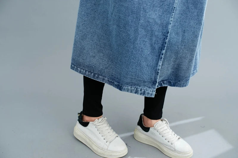 2025 Women's Denim Trench Coat Autumn Double Breasted Belted Casual Jean Overcoat Loose Long Windbreaker Jacket Couple Models