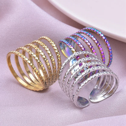 1Pc Stainless Steel Waterproof Women Personality Textured Chunky Open Rings Vintage Hollow Irregular Multi-layer Anillos Jewelry