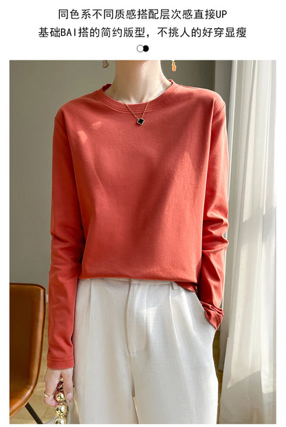 Spring Autumn 100% Cotton Long-Sleeved T-Shirt Women's Round Neck Mercerized Cotton Bottoming Shirt Loose Top