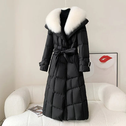 Reality Fur Jacket Women New Winter White Duck Down Coat Warm Long Parkas Real Fox Fur Collar Female Hooded Snow Puffer Coats