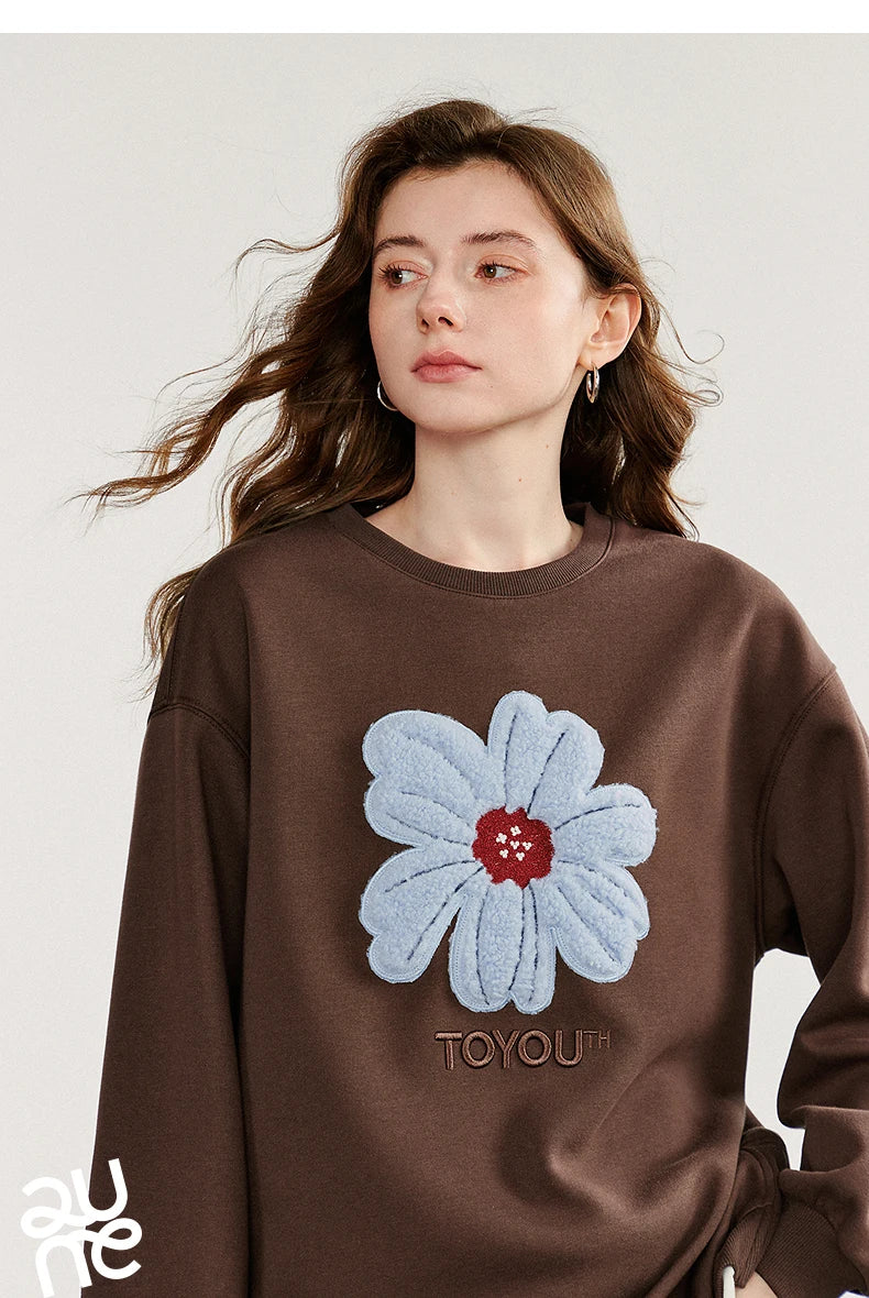 TOYOUTH Women Hoodies Sweatshirt 2025 Autumn New Plush Flower Printed Contrasting Color Splicing Fake Two Piece Cotton Pullover