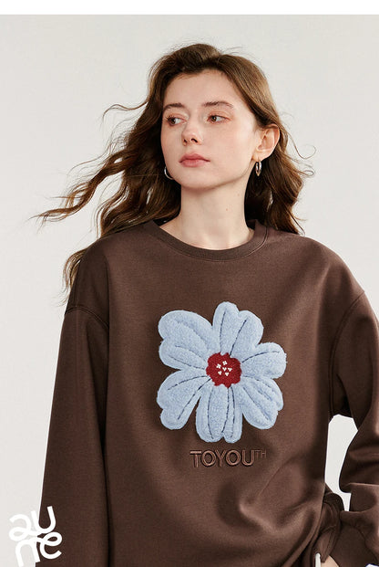 TOYOUTH Women Hoodies Sweatshirt 2025 Autumn New Plush Flower Printed Contrasting Color Splicing Fake Two Piece Cotton Pullover
