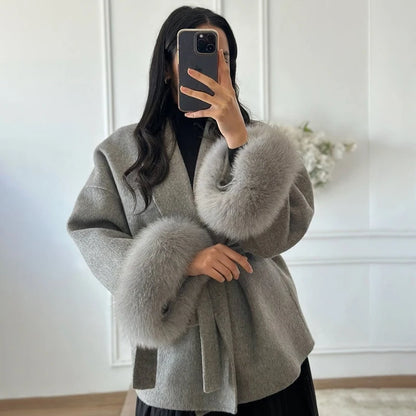 TARUXY Fox Fur Woolen Coats Women's Short Coat Office Lady Removable Elegant Double-sided Wool Overcoat 2025 New Cardigan Jacket