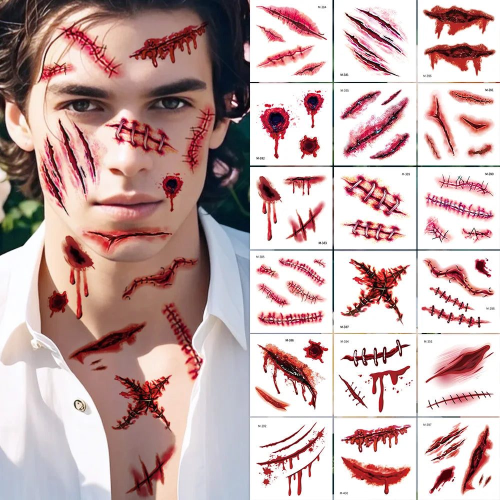 20 Sheets 3D Realistic Scar Tattoos - Waterproof Fake Bloody Wound Stickers for Halloween Cosplay Face & Body Makeup Adults