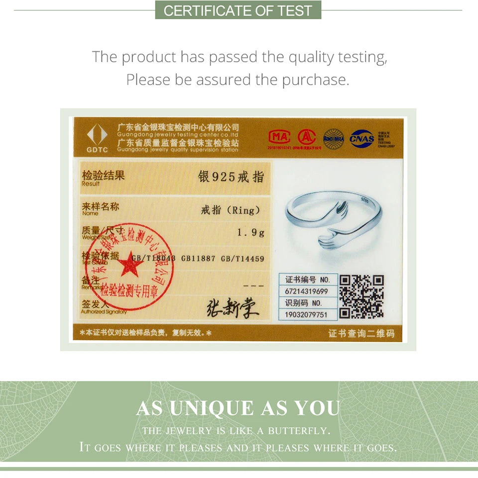 BAMOER 925 Sterling Silver Hug Open Ring Warmth and Love Hand Adjustable for Women Party Jewelry, His Big Loving Family Gift