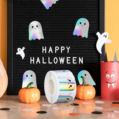 1roll/500pcs Cute Laser Ghost Stickers,Cute Ghost Sealing Stickers, Self-Adhesive Paper,Halloween Halloween Decorations Stickers