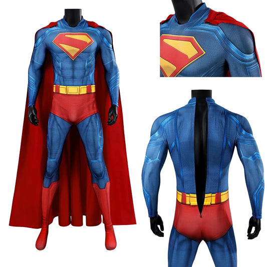 Hero Zentai Man Clark Kent Disguise Super High Quality Halloween Cosplay Costume Bodysuit with Red Cloak 3D Printed Kent Outfit