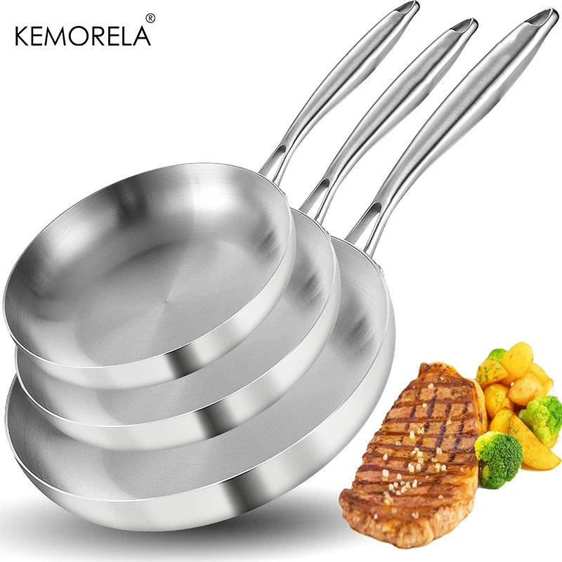 2/3PCS Frying Pan 22/24/26/28CM 304 Stainless Steel 2MM Thick Wok Pan 5 Ply Steel Food Grade Non-Stick Pans for Cooking Pot