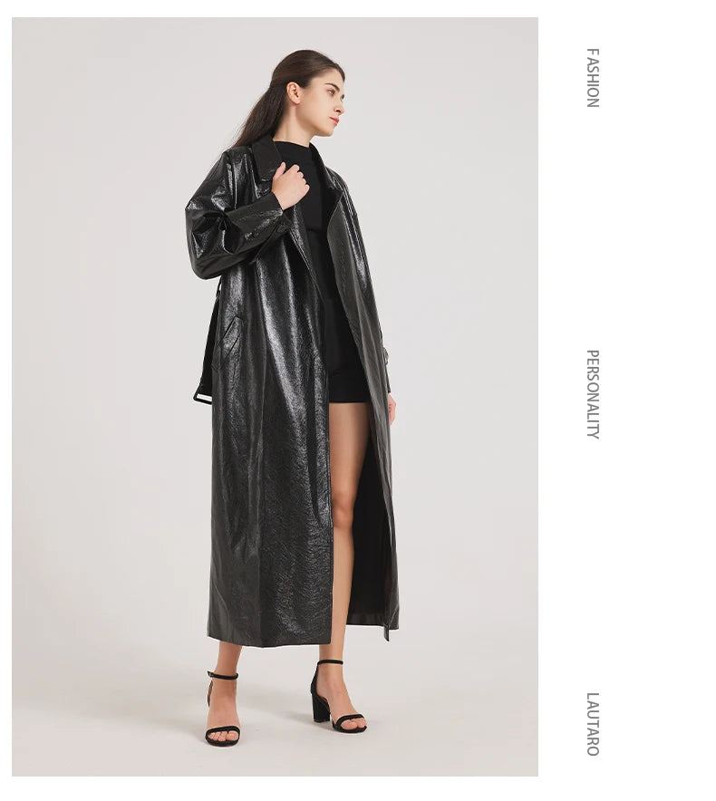 Lautaro Spring Autumn Extra Long Burgundy Pu Leather Trench Coat for Women with Belt Elegant Luxury Designer Maxi Overcoat 2024