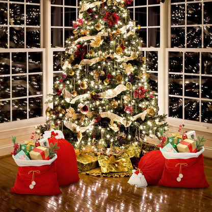 Large Red Velvet Christmas Bag with White Pompom , Fluffy Gift Storage Pouch for Presents, Festive Holiday Organizer Suitable