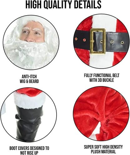 Christmas Santa Claus Costume Men's Luxurious Long Plush Gold Velvet Set Red Gift Bag Set of 8 Pieces