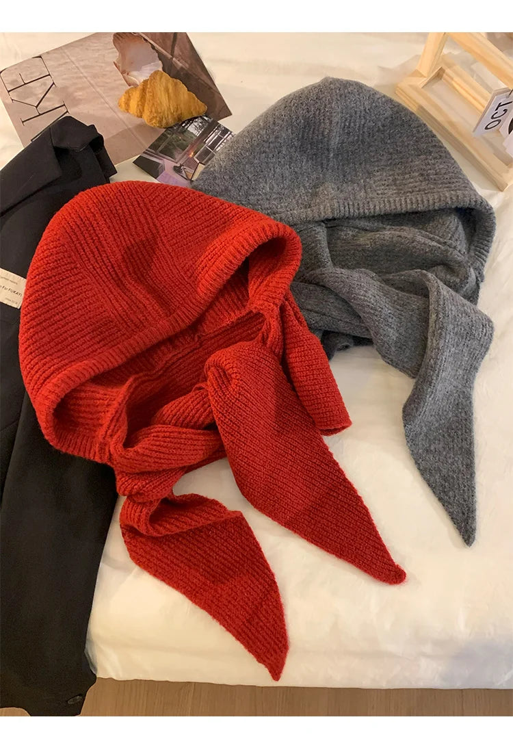 Korean Balaclava Bonnet Women Skullies Beanies Hat Scarf One-piece Thickened Warm Neck Protection Winter Accessories Knitted Law