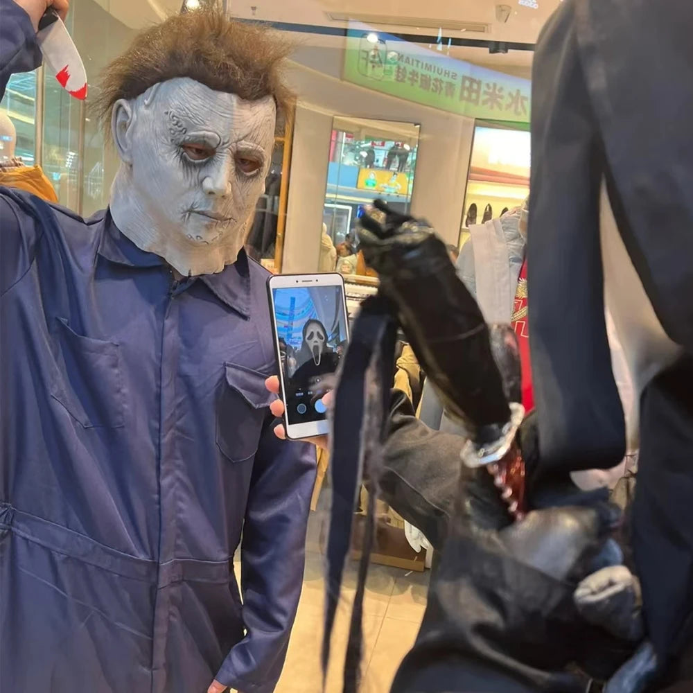 Adult Michael Myers Costume Set - Cosplay Horror Demon Killer Mask And Blue Disguise Outfit for Men Halloween Working Clothes