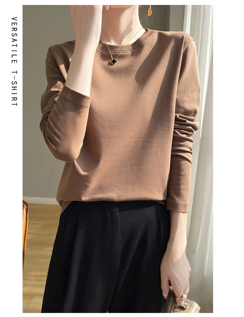 Spring Autumn 100% Cotton Long-Sleeved T-Shirt Women's Round Neck Mercerized Cotton Bottoming Shirt Loose Top
