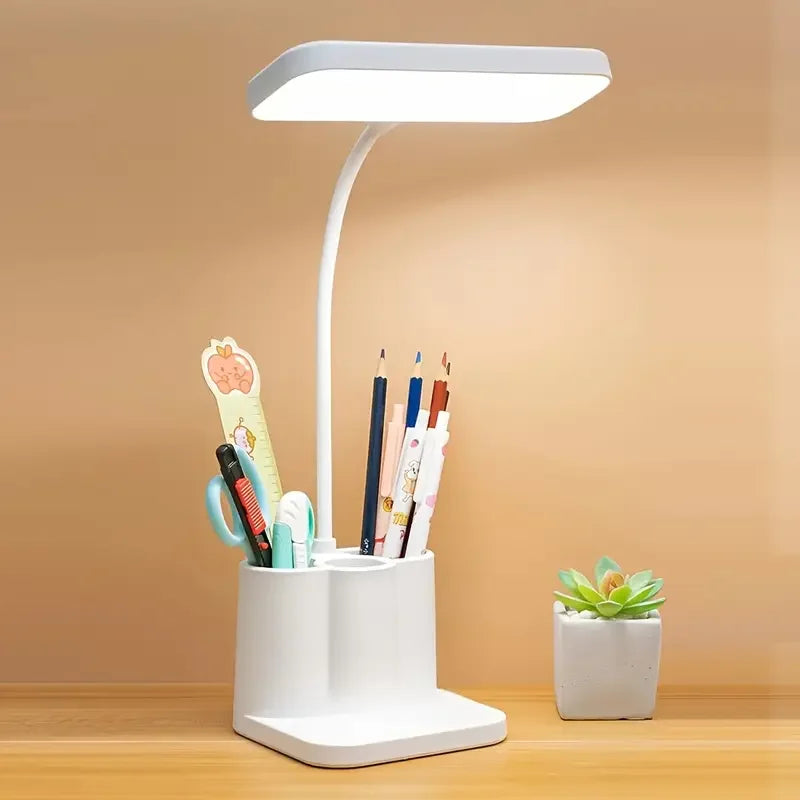 Adjustable LED desktop light with touch, eye protection, 3 color temperature modes, pen holder, USB rechargeable, for reading